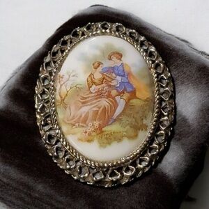 Vintage Porcelain Brooch Pin Courting Couple Lovers Fragonard French Scene
